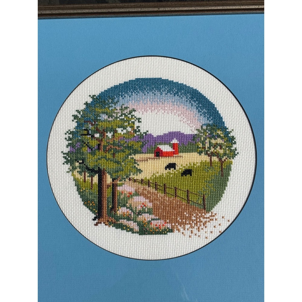 Vintage Framed Cross Stitch Farmhouse Red Barn Pastoral Scene 12x12 Blue Mat - Picture 3 of 6